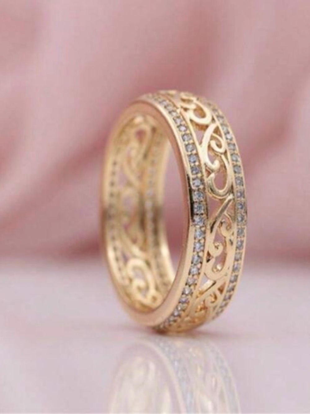Gold Filigree Women's Band Ring with Pavé Stones